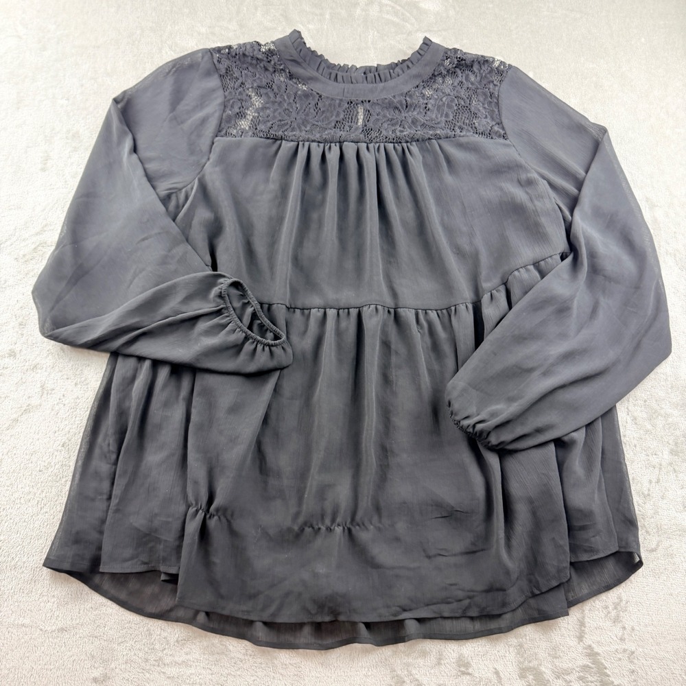 Torrid Women's 1X Black Lace Yoke Tiered Babydoll Blouse Long Sleeve